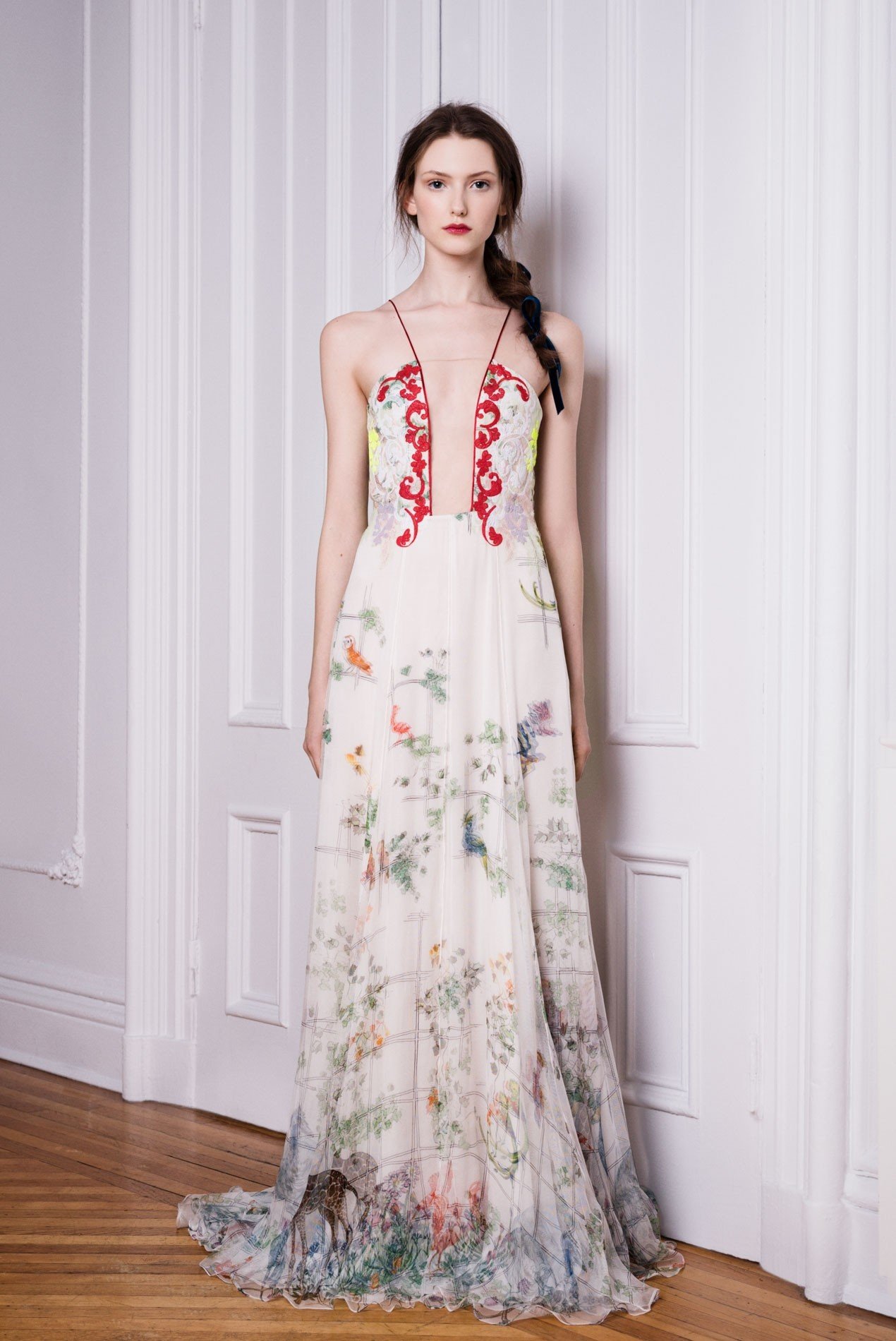 Aviary print gauze and silk chiffon gown with lace appliqué