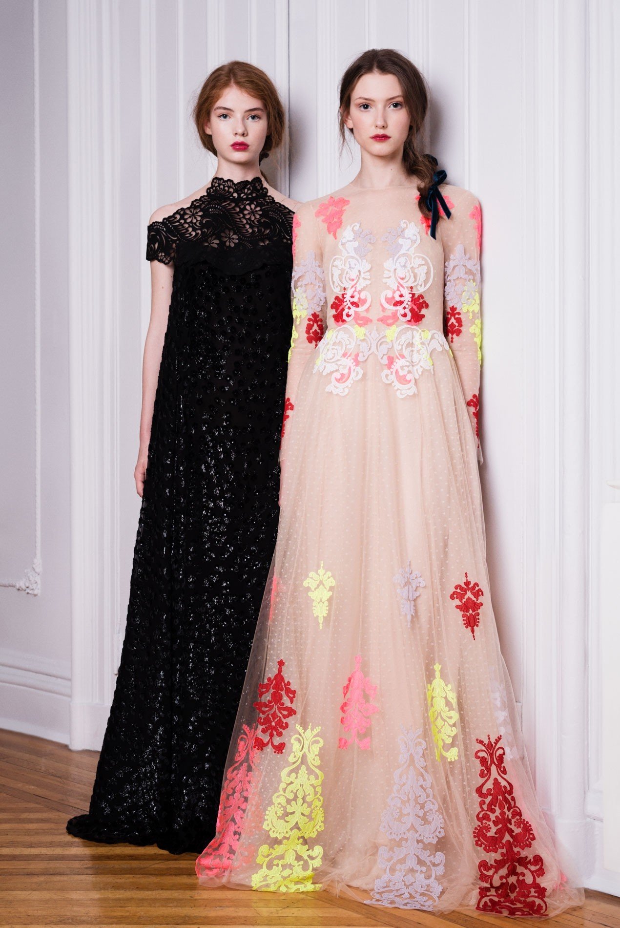 Left: Panne velvet gown with laser cut yoke | Right: Point d’esprit gown with hand appliqué lace