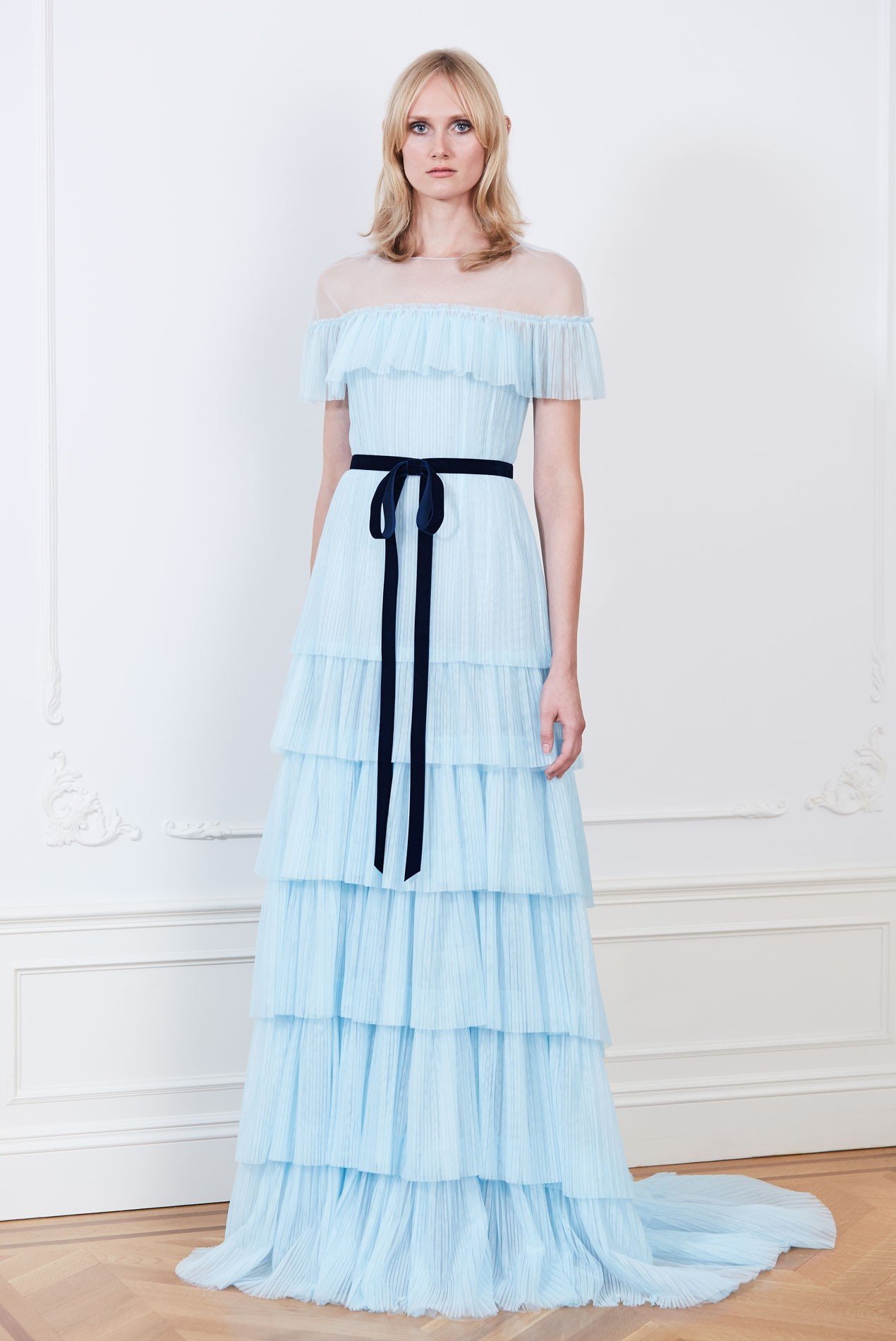 Tiered strapless pleated tulle gown with capelet