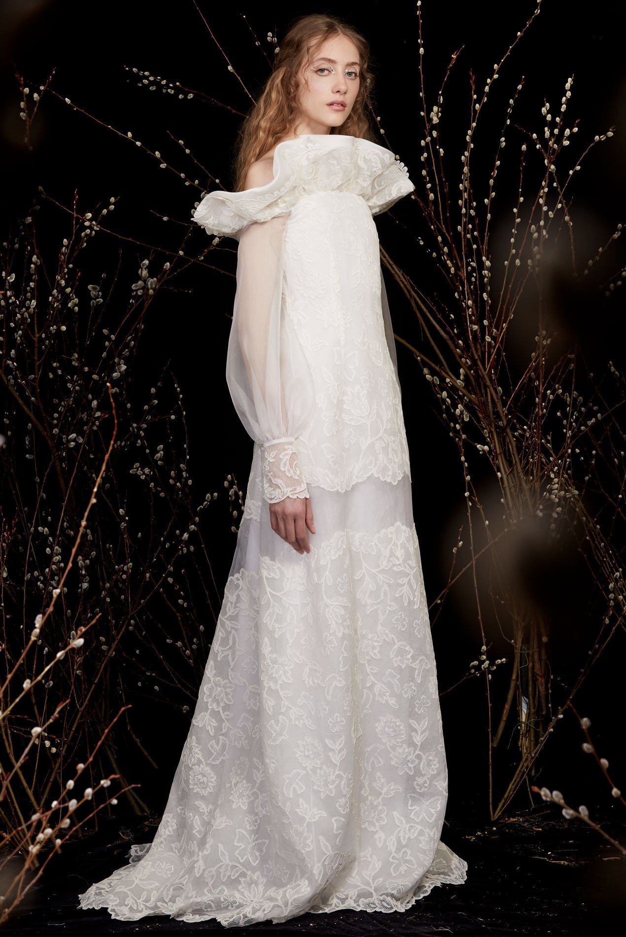 corded lace and organza long sleeve gown with ruffle neck