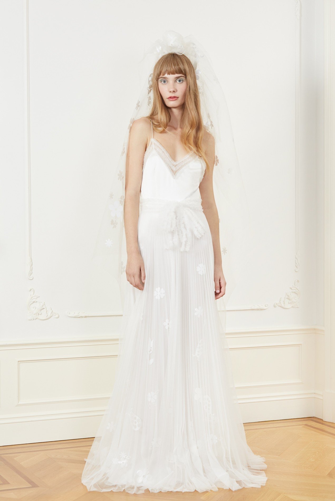 silk charmeuse camisole with white shirred tulle embroidery and pleated tulle skirt with laser cut floral