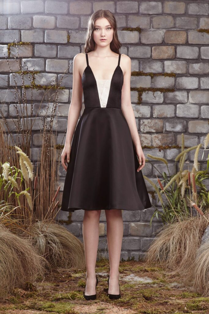 Woman in a black sleeveless dress with a lace V-neck, standing in front of a stone wall and dry plants.