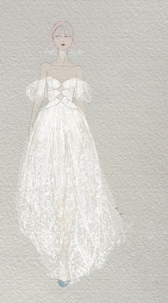 Fashion sketch of a woman in an off-shoulder, white, lace gown with puff sleeves and a sheer overlay.