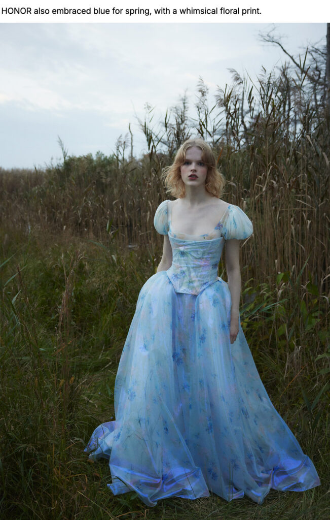 A woman in a blue floral gown stands in tall grass, surrounded by reeds, under an overcast sky.