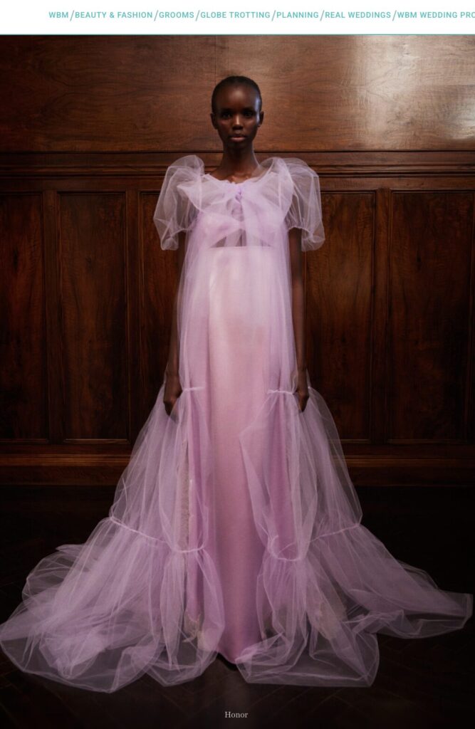 A model wears a floor-length, sheer pink tulle gown with puffy sleeves, standing against a wooden wall.