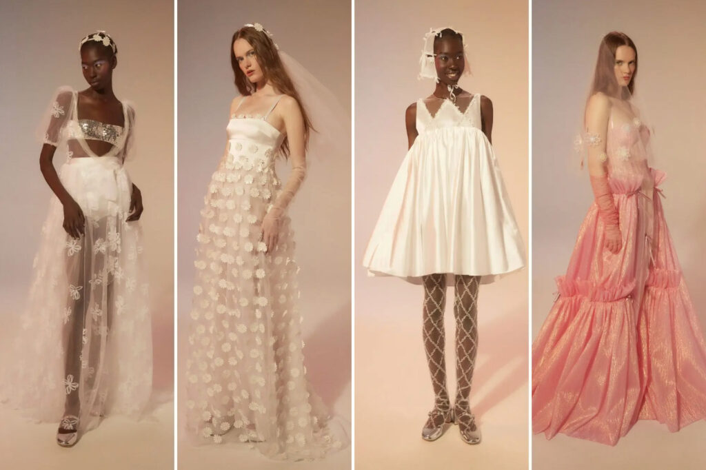 Four models in pastel sheer gowns and dresses, each styled with headpieces and unique textures, pose against beige.