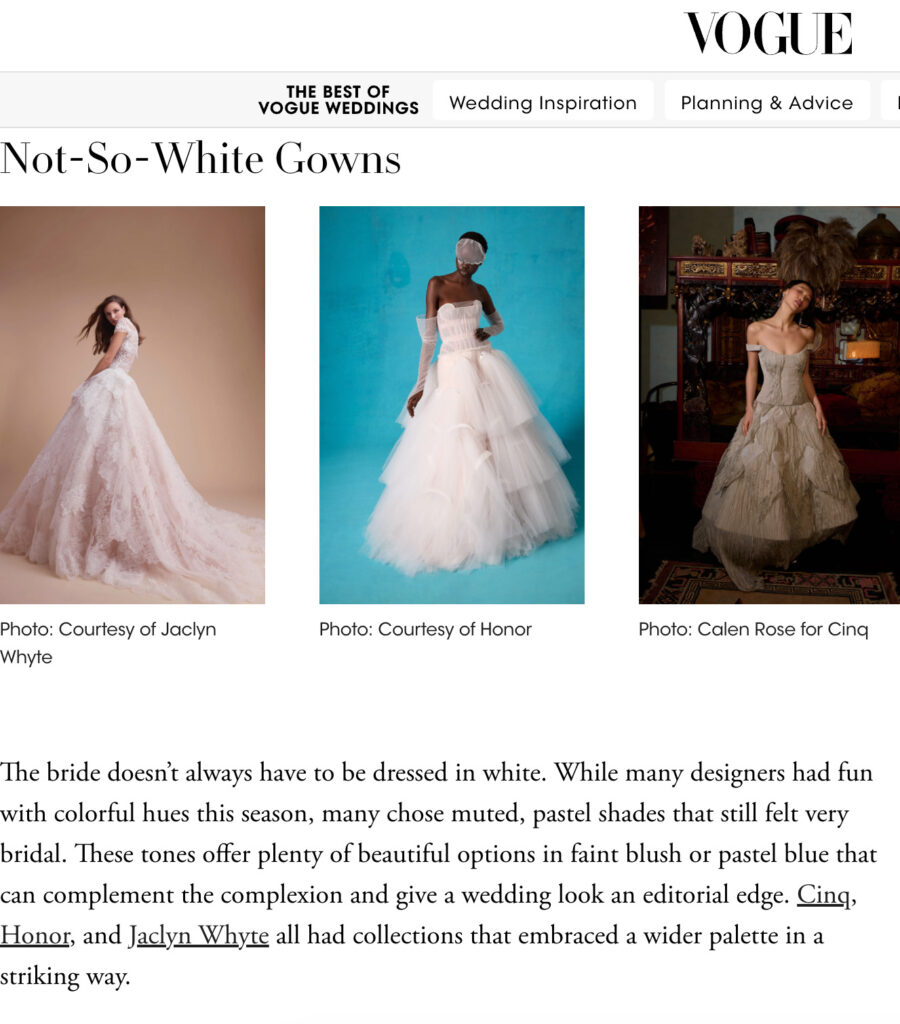 Three models wear pastel wedding gowns: one in pale pink, one in blue, and one in blush, against simple backdrops.