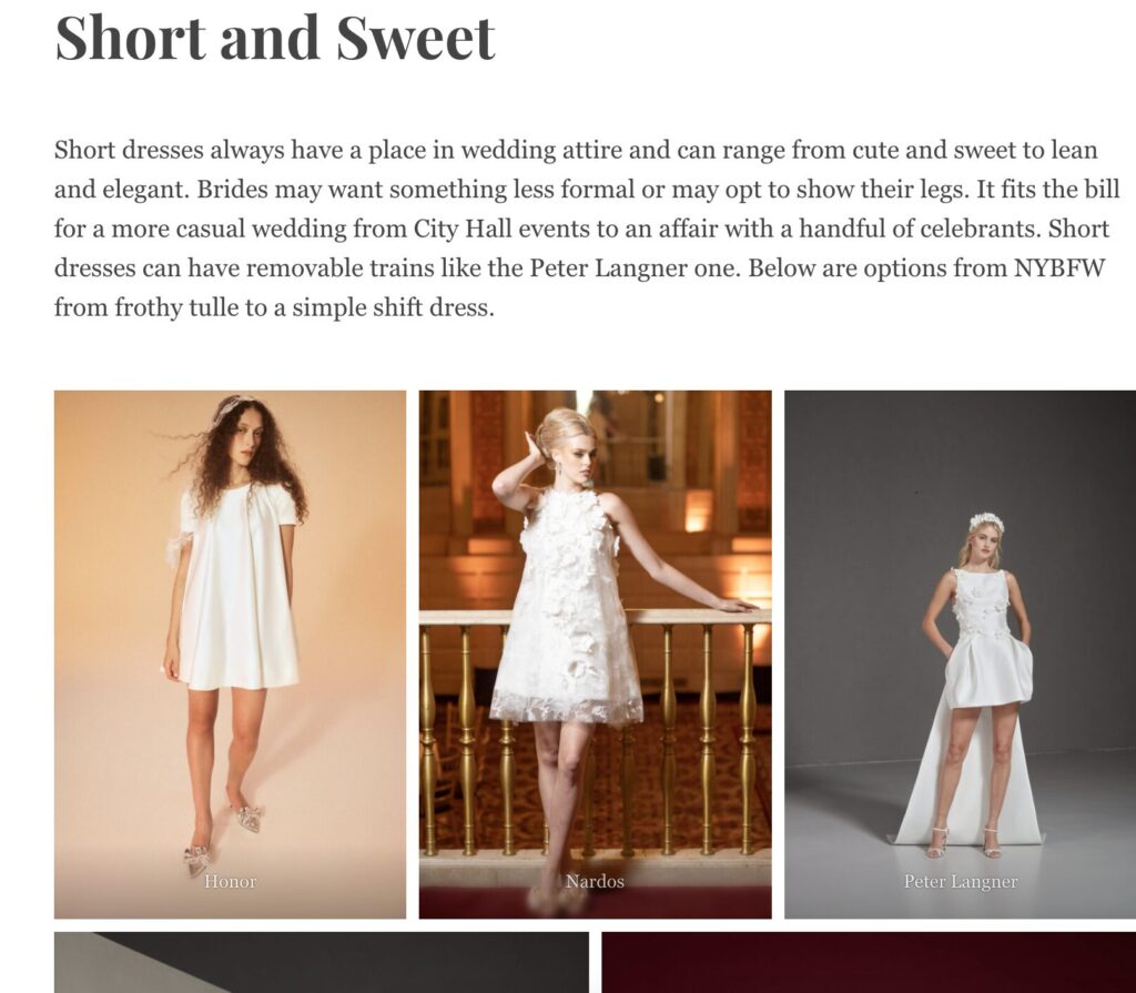 Three women model short white wedding dresses with different styles, standing against simple backgrounds.
