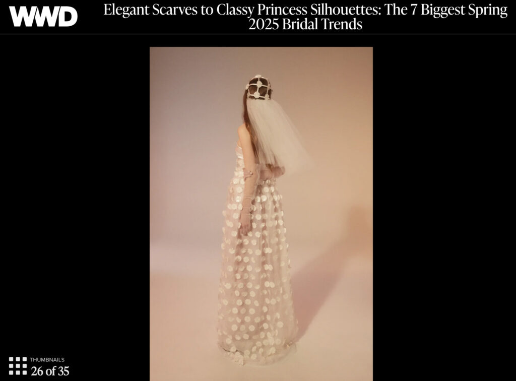 A model in a sheer polka-dot gown with a veil and headpiece poses against a soft gradient background.