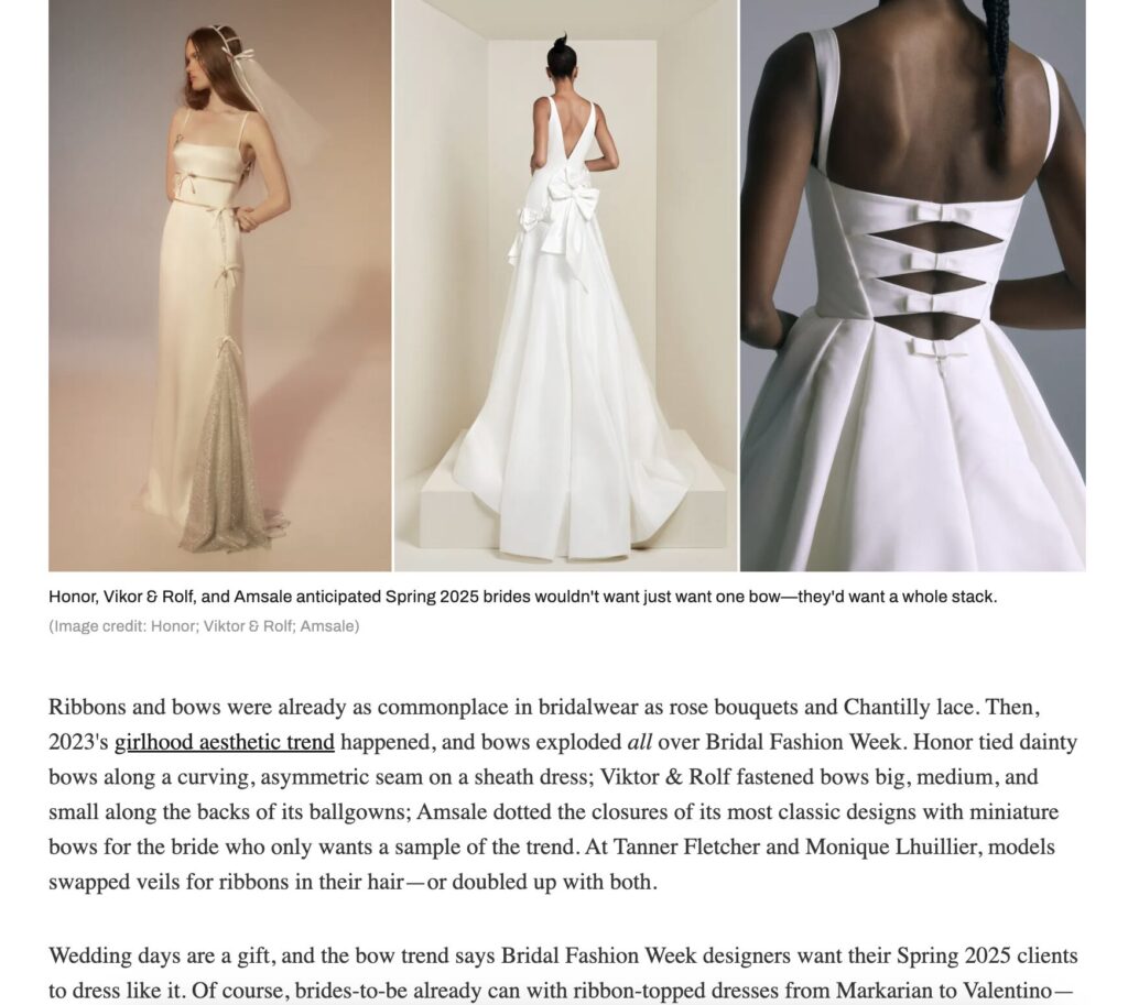 Two bridal gowns with large statement bows; one has a back cutout, the other features a veil and floral detail.