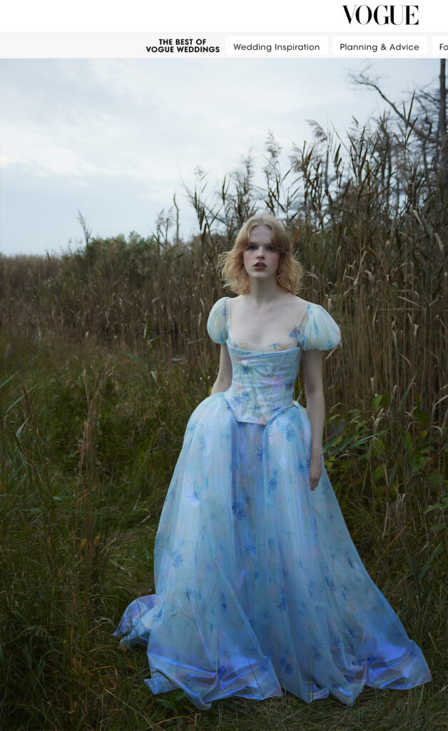Woman in a blue floral gown stands in a grassy field with tall brown reeds under a cloudy sky.