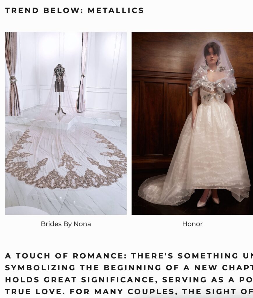 Two bridal gowns with metallic details; one displayed on a mannequin, one worn by a model with a veil.