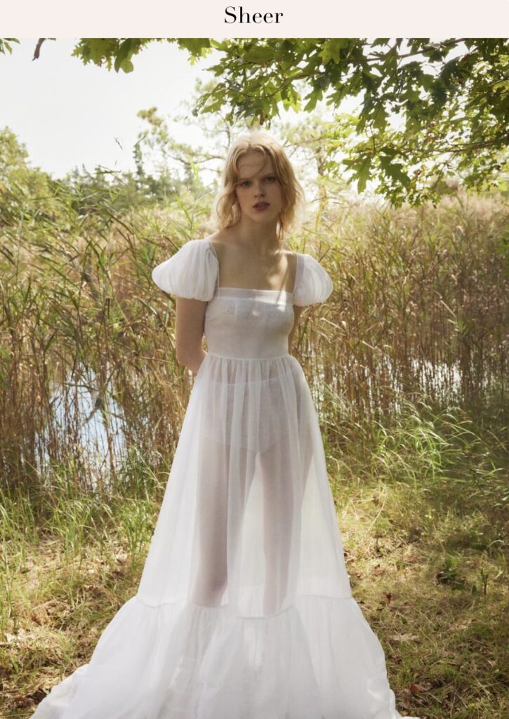 Woman in a sheer white dress stands in a grassy field near water, surrounded by tall reeds and trees.