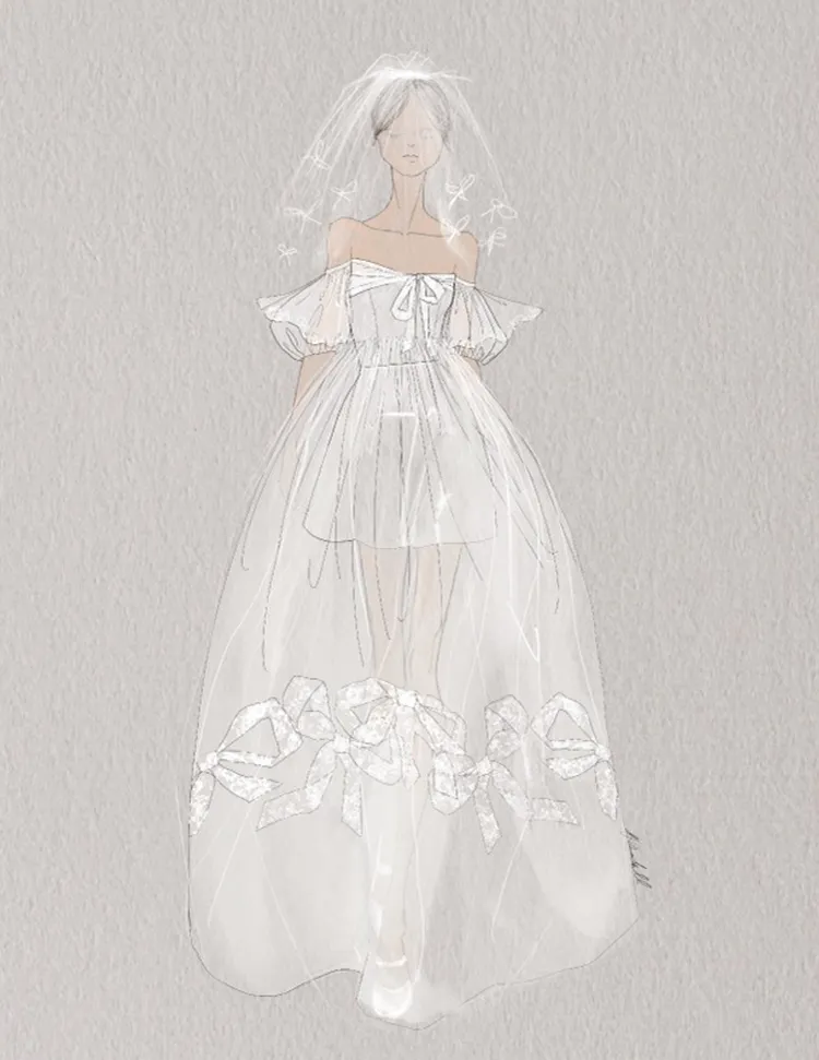 Fashion sketch of a bride in a short off-shoulder dress with a sheer long overlay and veil.