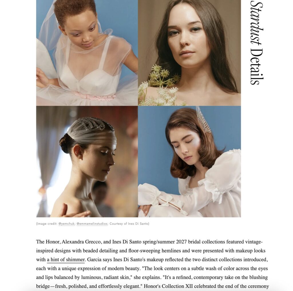 HONOR Bridal looks (top left and bottom right) are featured showcasing "stardust details" in a Who What Wear bridal article.