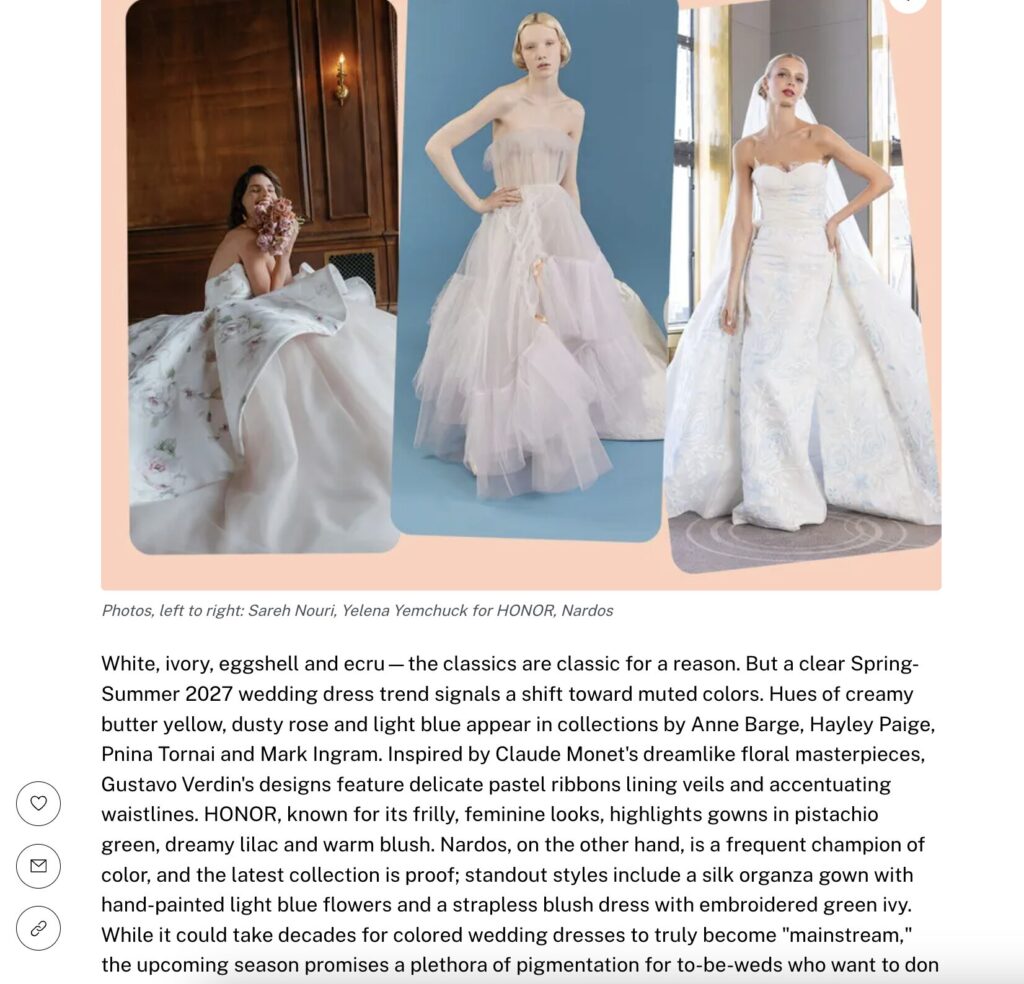 An HONOR bridal gown (center) is featured on The Knot.