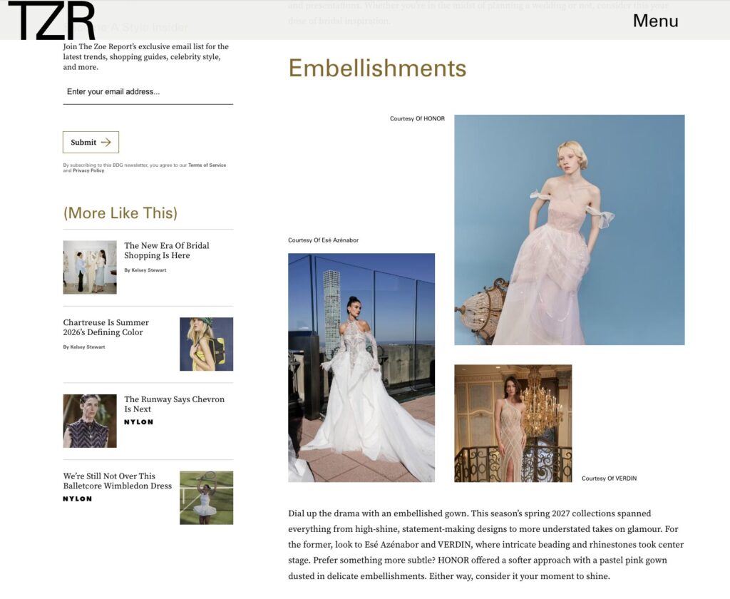 A The Zoe Report (TZR) webpage displays a pale pink HONOR bridal gown.